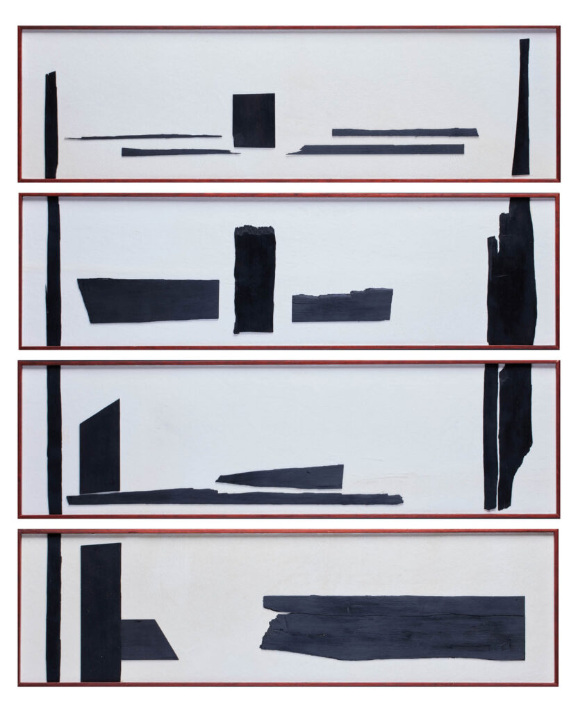 "Fragments" quadriptyque de marqueterie d'ébène sur parchemin blanc, par Pierre-Henri Beyssac, artiste marqueteur d'art dans la Drôme